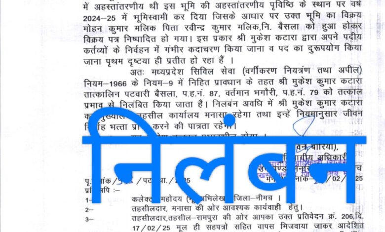 कार्य मे लापरवाही बरतने पर बेसला पटवारी पर हुई निलंबन की कार्यवाही