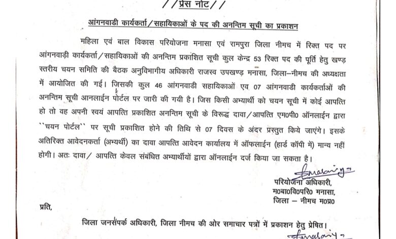 आंगनवाडी कार्यकर्ता, सहायिकाओं के पद की अनन्तिम सूची का प्रकाशन आंगनवाडी कार्यकर्ता, सहायिकाओं के पद की अनन्तिम सूची का प्रकाशन