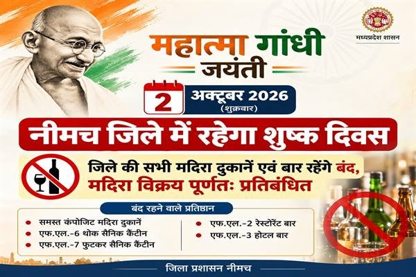 2 अक्टूबर को गांधी जयंती पर नीमच जिले में रहेगा शुष्क दिवस