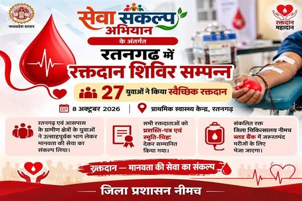 सेवा संकल्प अभियान के तहत रतनगढ़ में रक्तदान शिविर आयोजित
