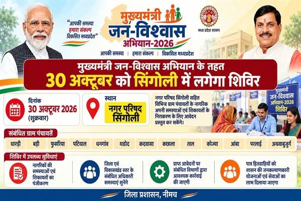 मुख्यमंत्री जन-विश्वास अभियान के तहत 30 अक्टूबर को सिंगोली में लगेगा शिविर