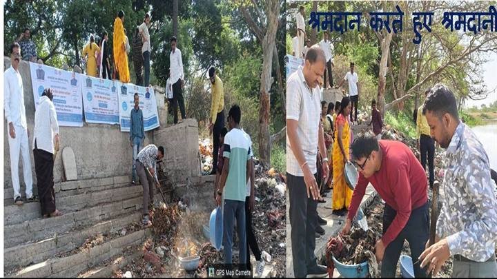 // जल गंगा संवर्धन अभियान// नीलकंठ महादेव बोरखेड़ी नदी के घाट की साफ-सफाई की